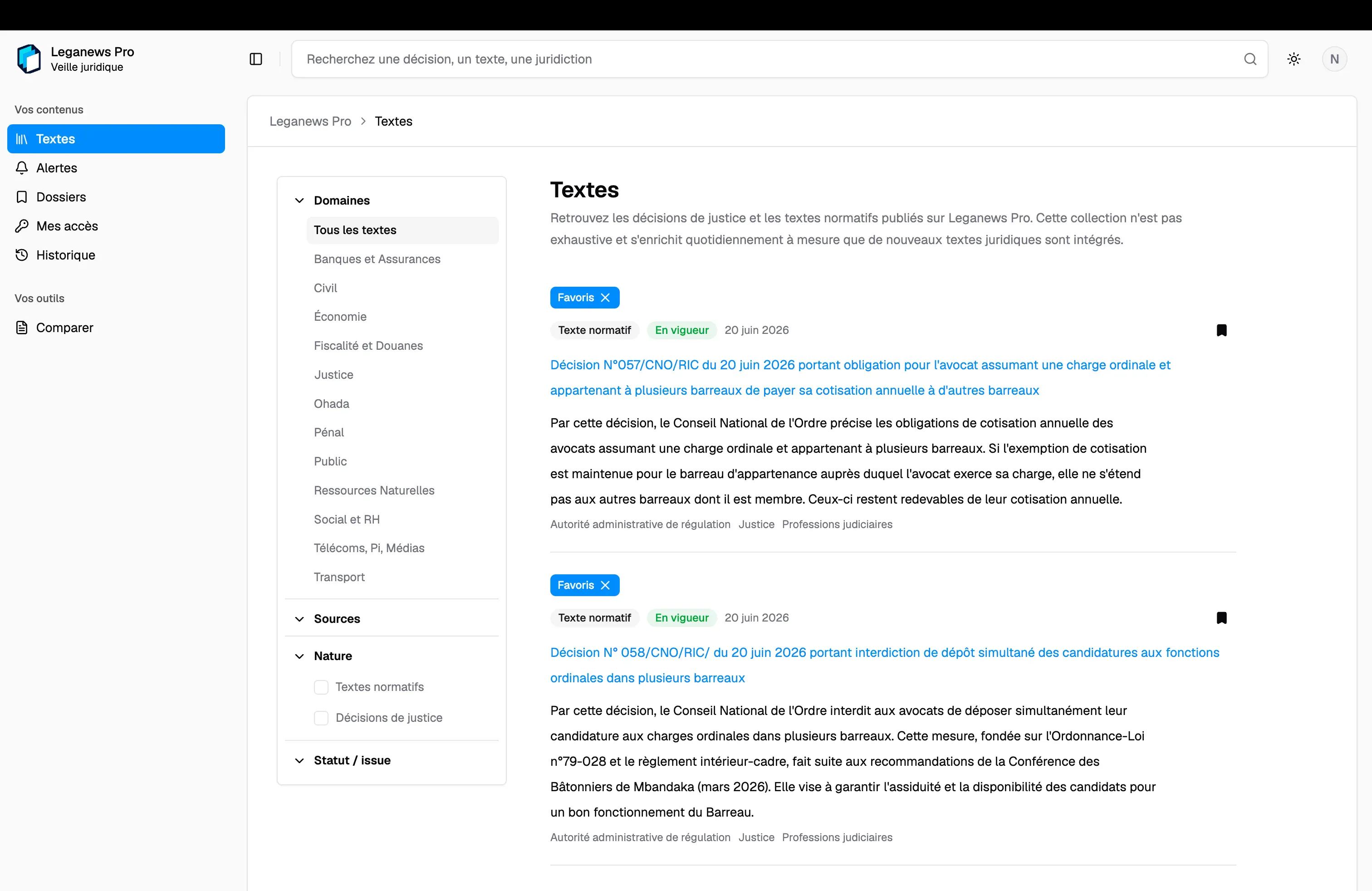 Legal-text listing with domain, source, nature, and status filters